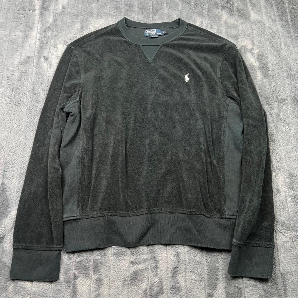 Polo Ralph Lauren Mens XL Black Velour Terry Cloth Crewneck Sweatshirt Pony Logo